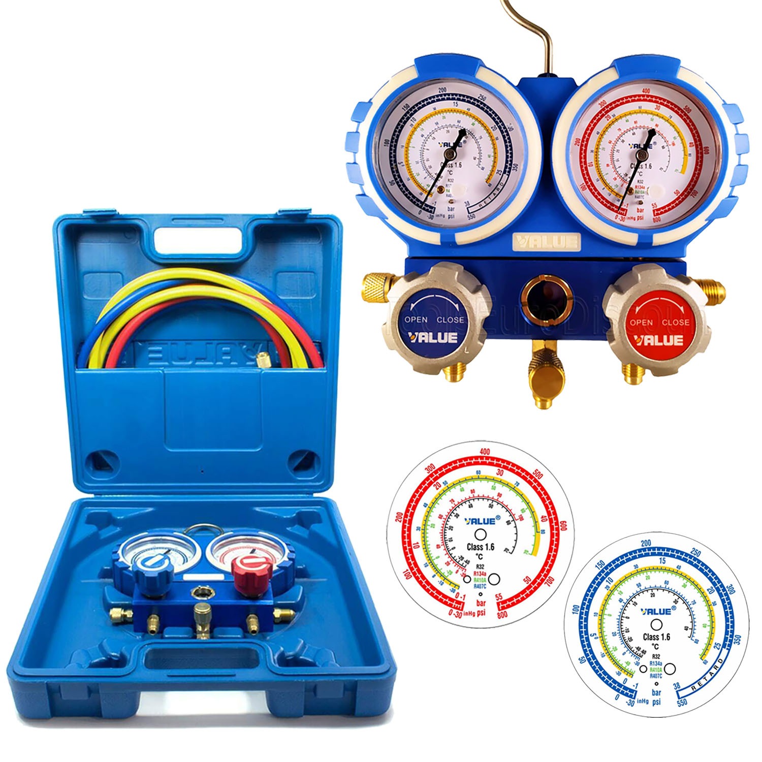 VALUE Gruppo manometrico 2 vie per Condizionamento VMG-2-R32-B - manometri dia. 68 mm. - per climatizzazione A/C (R32, R410A, R407C)