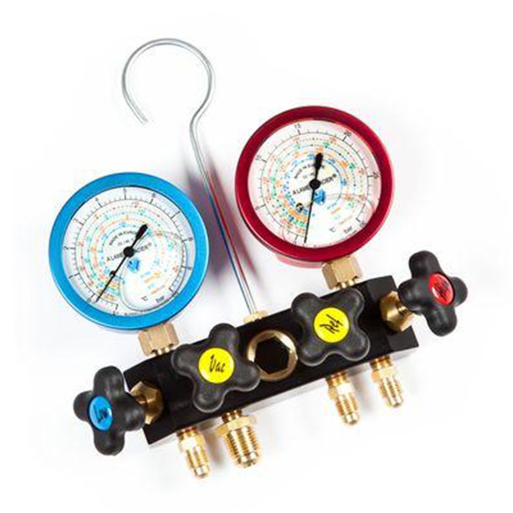 Gruppo manometrico a 4 vie a pistone con manometri Ø60 classe 1.0 blondelle con vite di regolazione A6 (R22-R134a-R404A-R407C)