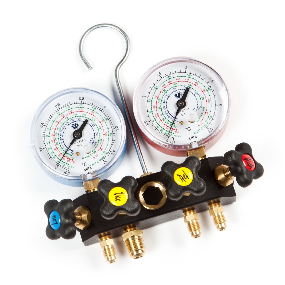 Gruppo manometrico a 4 vie a pistone con manometri Ø80 classe 1.0 pulse free con vite di regolazione A6 (R22-R134a-R404A-R407C)