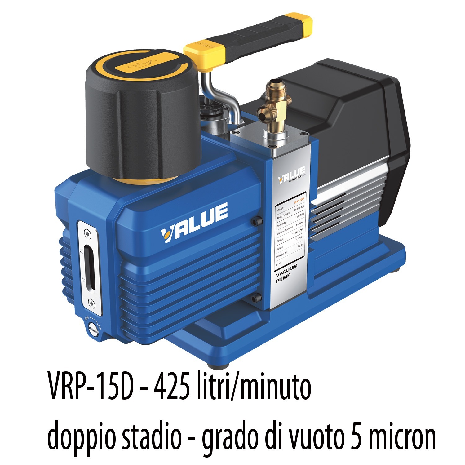 VALUE VRP-15D pompa vuoto portata 425 litri/minuto, vuoto 5 micron, altissimo vuoto, doppio stadio - grado di vuoto 0,67 x10(-2) mbar - 0,0067 mbar/0,67 Pa/5 micron/0,005 Torr