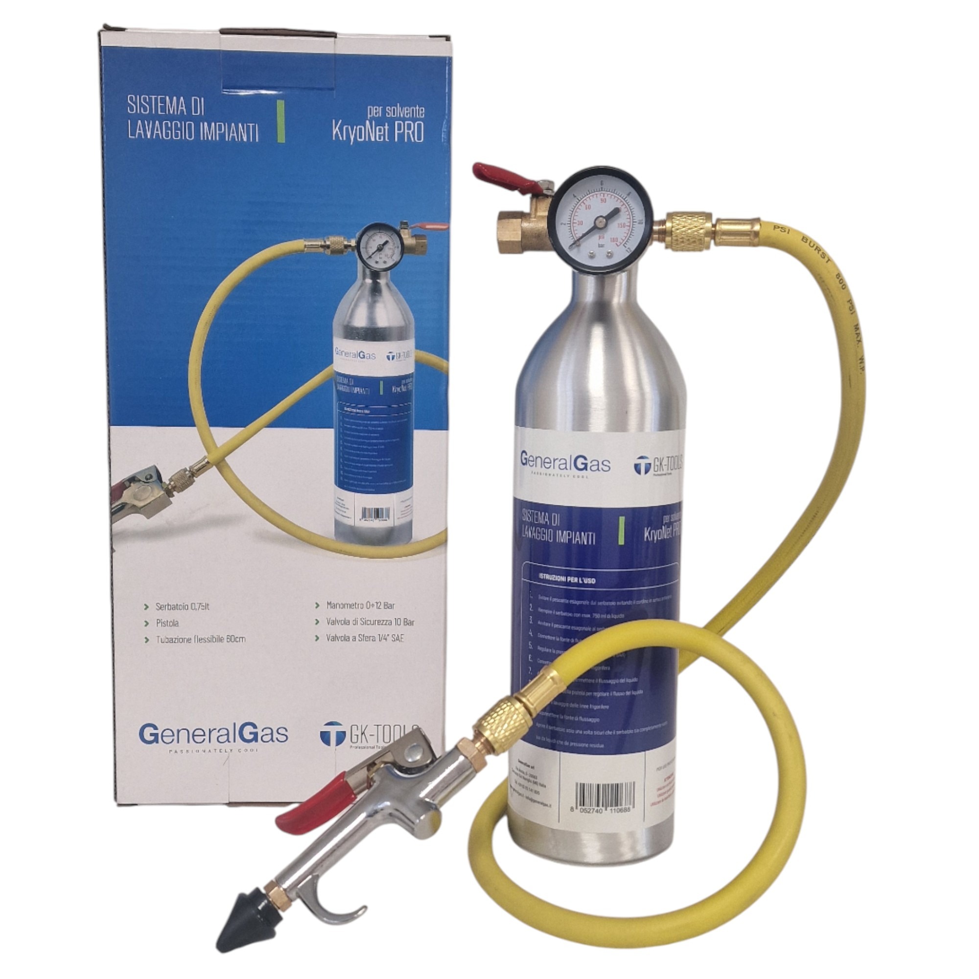 Kit di lavaggio linee frigorifere, composto da serbatoio 0,75 lt., pistola, tubazione flessibile, manometro e raccordo con valvola a sfera